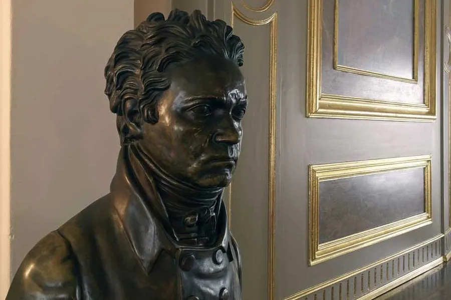 Points of light and shadow on the bronze bust, which shows Beethoven's face true to life, are continued on the adjacent fireplace in the museum.