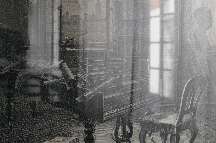 Beethoven's study with grand piano and music sheets and rolls of paper lying around. The lithograph in shades of grey was created shortly after Beethoven's death.