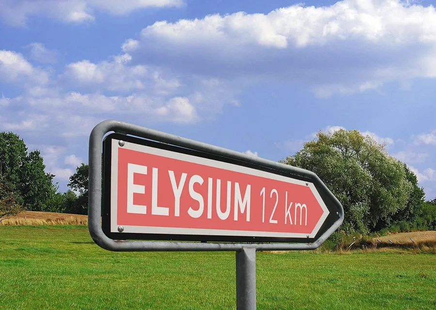 Signpost in a green landscape and blue sky. The text ‘Elysium 12 km’ symbolically refers to the Beethoven-Haus.