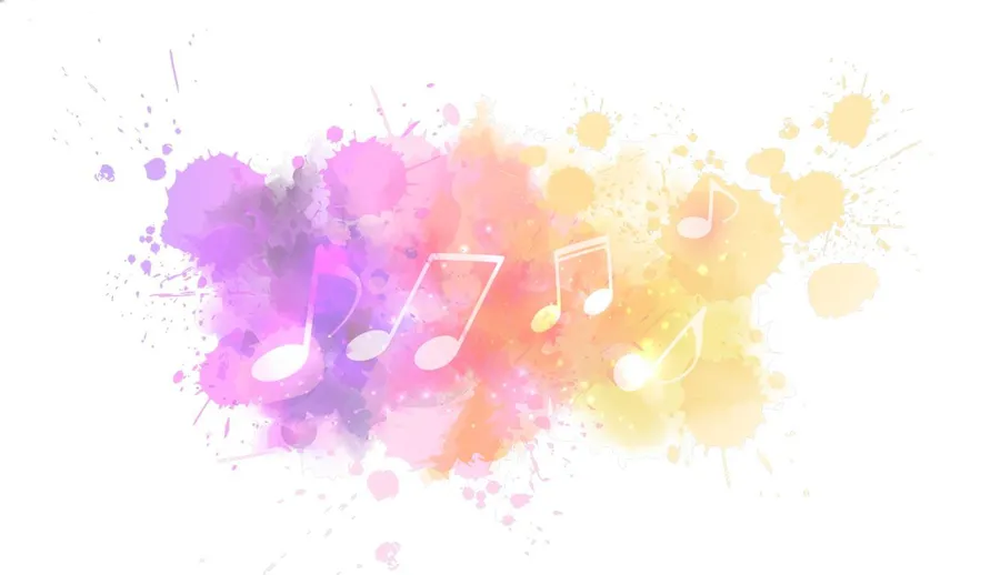 Aquarell aus lila-orange-gelb-verlaufenden Wolken mit weißen Noten.