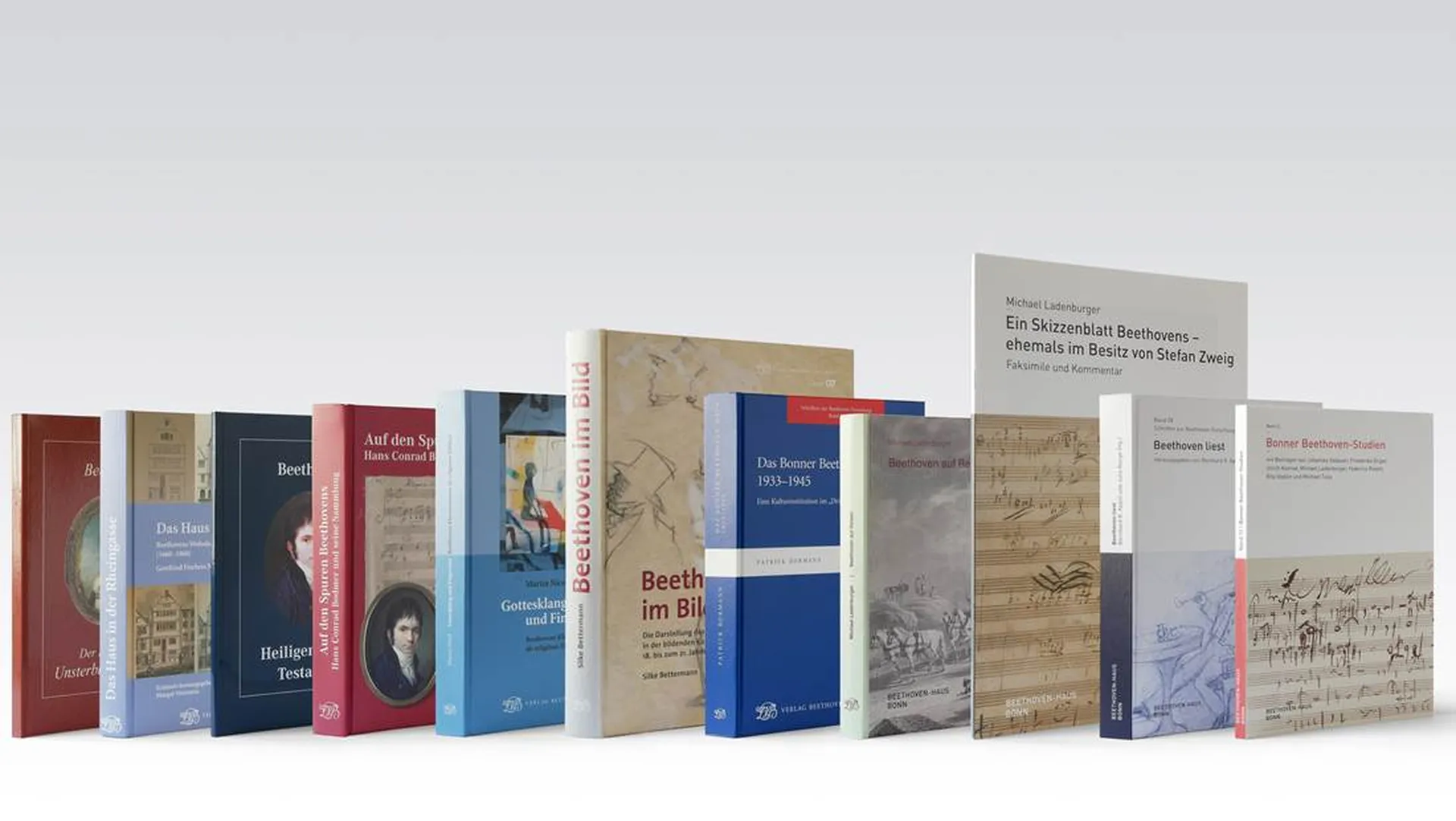 Eleven different books from the Beethoven-Haus publishing house, arranged in a row, represent the versatile publishing programme.