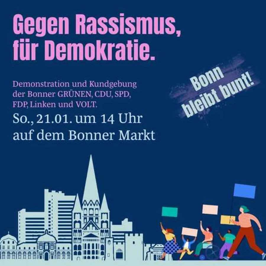 Poster for the demonstration and rally on 21 January 2024 in Bonn: 'Against racism, for democracy' and 'Bonn remains colourful’.